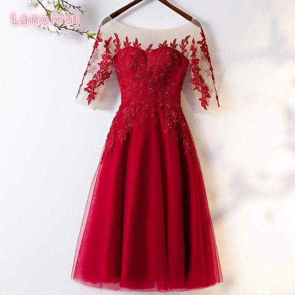

2019 sell elegant burgundy women party dresses a line half sleeve lace tulle knee length formal dress vestidos1, Black;gray