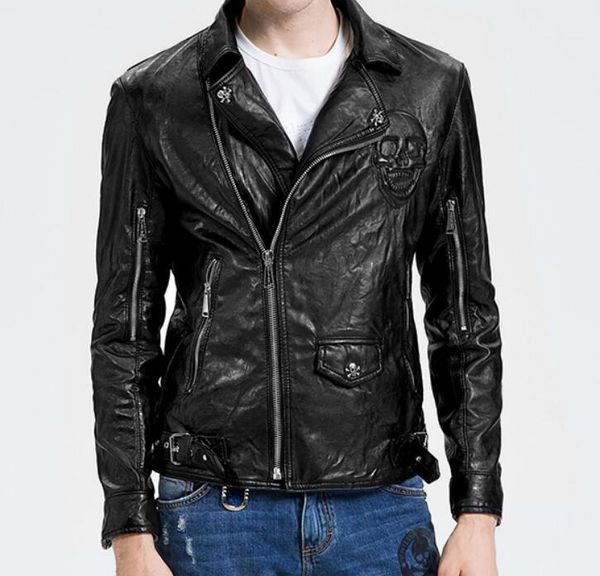 

s- 2019 spring and autumn men's new fashion jacke personalized embroidered slim locomotive pu jacket1, Black