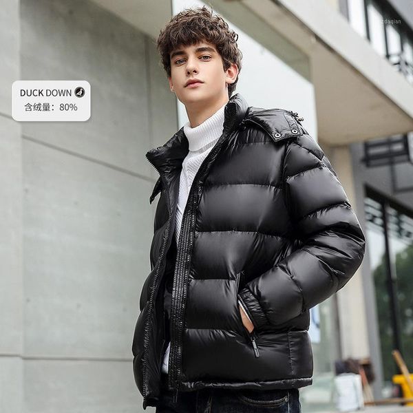 

2020 winter new men leisure brief paragraph the glossy pure color coats hooded jacket fashion winter clothing1, Black