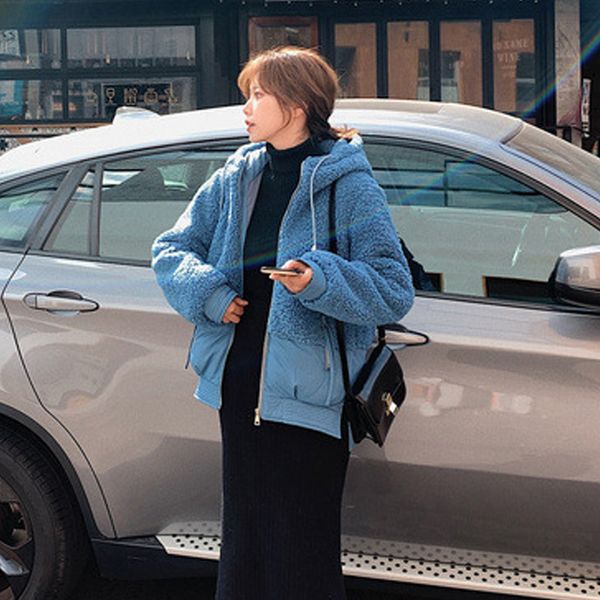 

2021 newoversized winter warm jacket women lambswool hooded letter printed coat femme thick outwear mujer l4vg, Black