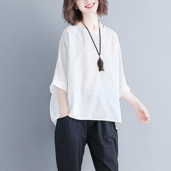 

#2840 black white pink grey chiffon blouse women 2021 summer batwing sleeve o neck loose oversize asymmetrical blouse plus size