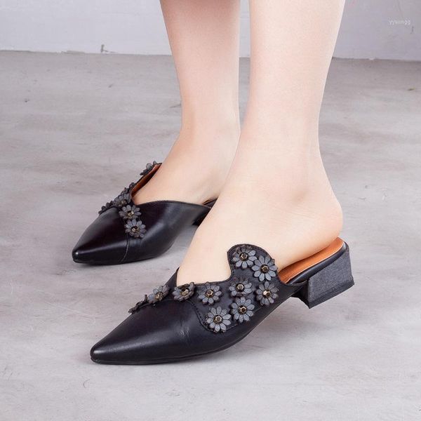 

slippers artdiya special offer 2021 pointed toe women genuine leather retro flowers handmade cool outdoor t85262-731, Black