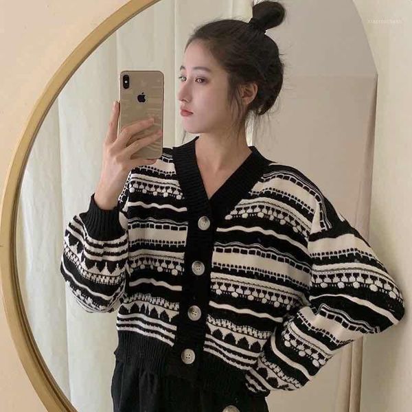 

women geometric pattern cardigan, adults lantern sleeve v-neck single-breasted knitwear1, Tan;black