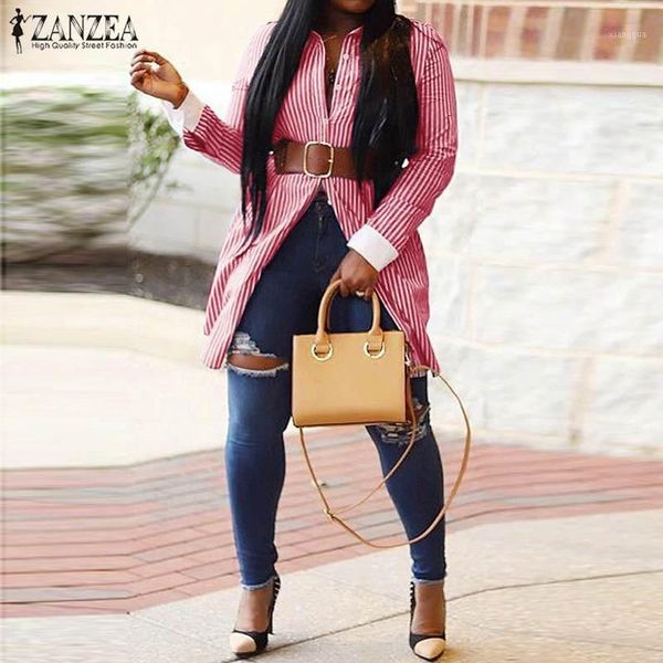 

zanzea fashion striped women's blouse 2020 autumn lapel shirts casual long sleeve female work blusa femininas plus size1, White