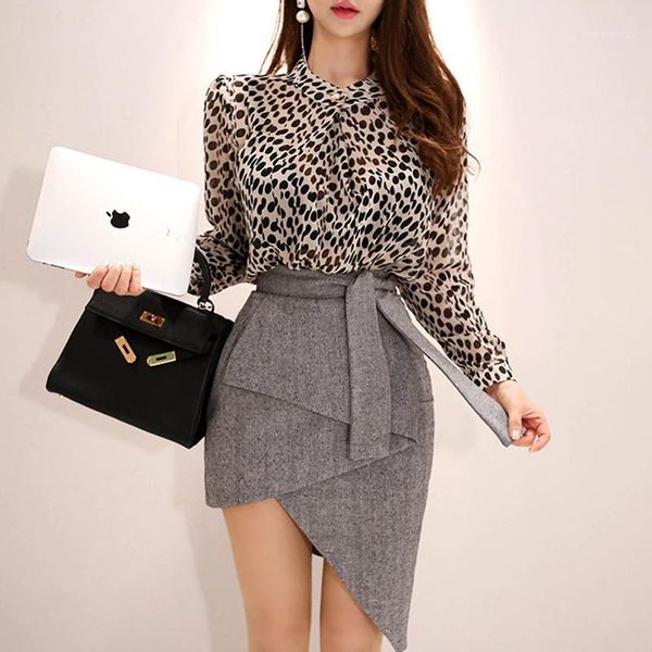 

2018 autumn polka dot print shirt fashion irregular bodycon skirt two piece set office work suit dress1, Gray