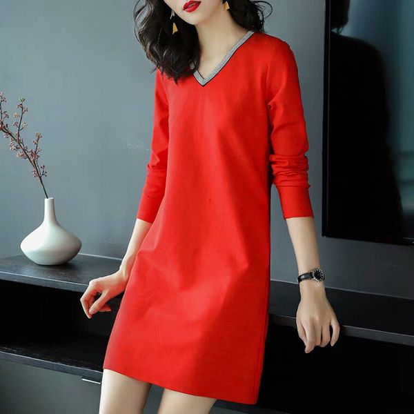 

2021 new spring and female autumn long sleeve with v-low solid fashion dress, Black;gray