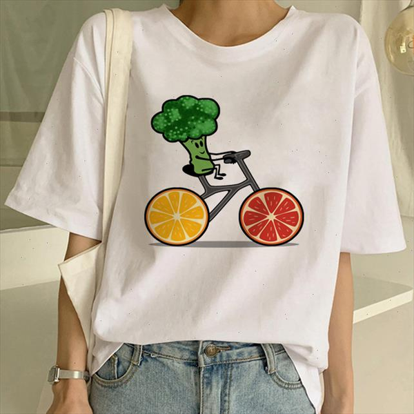 

new cute vegetable cake bike summer t shirt women t shirt cute printed women girls, White