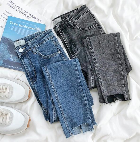 

hole high waist slim elastic nine-point pencil jeans women1, Blue