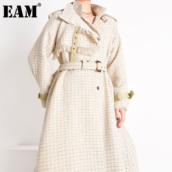 

eam] women plaid tweed big size trench new lapel long sleeve loose fit windbreaker fashion tide autumn winter 2020 1y39600 1031, Tan;black