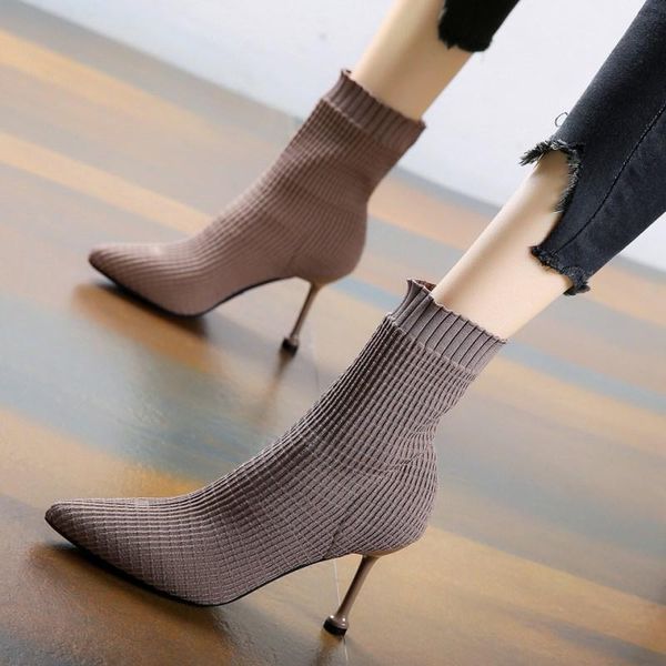 

eoeodoit 2020 spring women sock boots high kitten heels knit fabric pointy toe pumps shoes slip on, Black