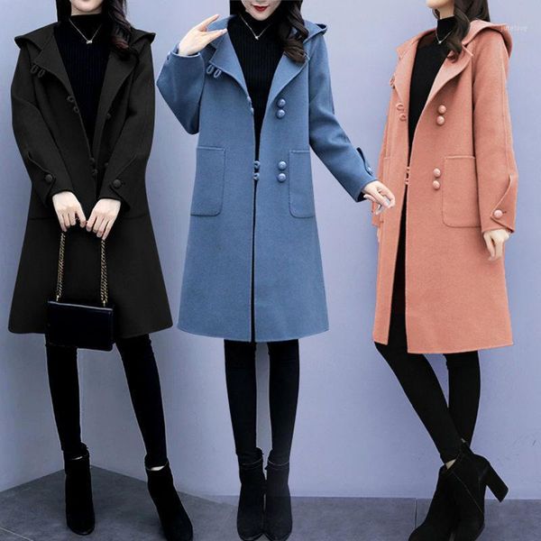 

korea women autumn winter single breasted long wool coat ladies long sleeve hooded overcoat parka jacket veste femme hiver 20201, Black