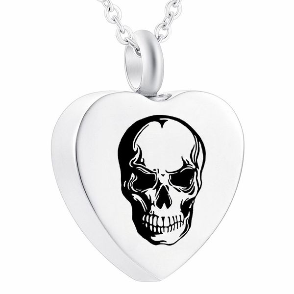 

skull heart pendant stainless steel cremation ashes urn halloween memorial jewelry gift with fill kit package bag, Silver