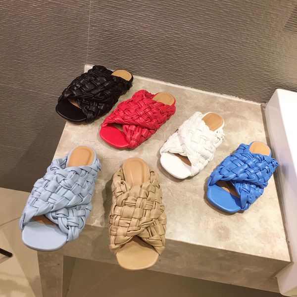 

Designer Braid Flat Mules Slippers Women 2021 Summer Outdoors Sandals Criss cross Woven nude Flat Ladies Shoes Beach Slides, Black