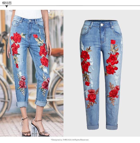 

new women embroidered blue floral jeans female boyfriend jeans for woman skinny ripped stretch calca trouser feminino