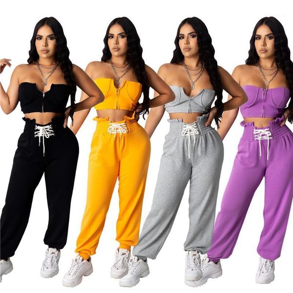 

running sets 2021 solid color women sport suits two pieces tracksuits zip up tube +high waist lace-up joggers pants sets1, Black;blue