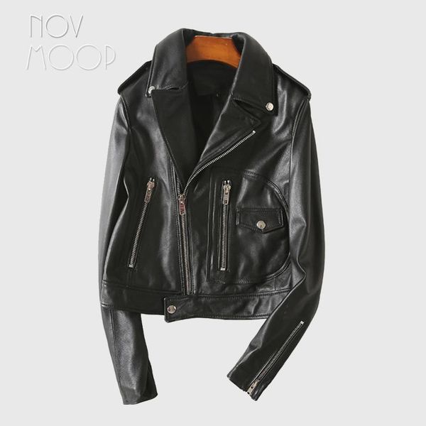 

novmoop korean chic style summer autumn black red sheepskin genuine leather motor biker jacket women coat abrigos mujer lt3164