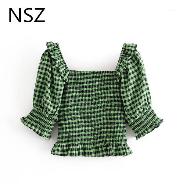 

women's blouses & shirts nsz women green plaid crop summer half sleeve cropped blouse square collar elastic ruffles corset shirt female, White