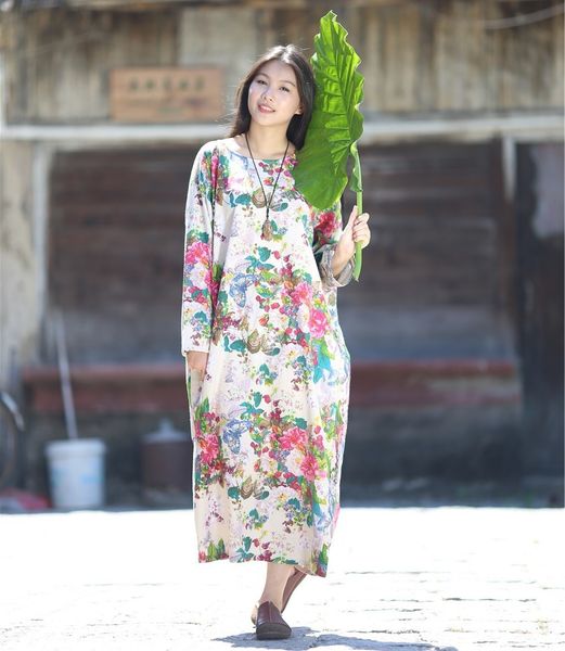 

spring autumn fashion collar round print butterfly loose linen dress for women