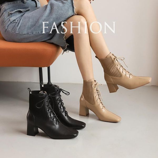 

bright2021 thi short single square head high heel women's new tie up fashion nude boots in, Black
