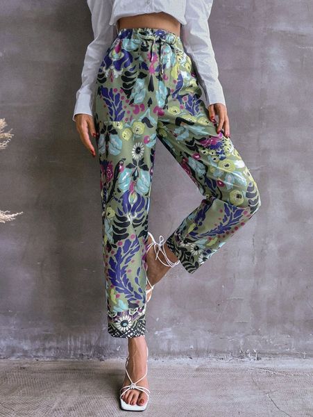 

high waist floral print slant pocket pants y9jw#, Black;white