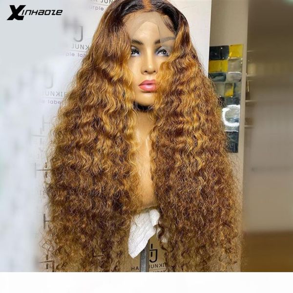 

180% lace front human hair wig ombre blonde curly pre plucked with baby hair t deep part bleached knots brazilian remy, Black;brown