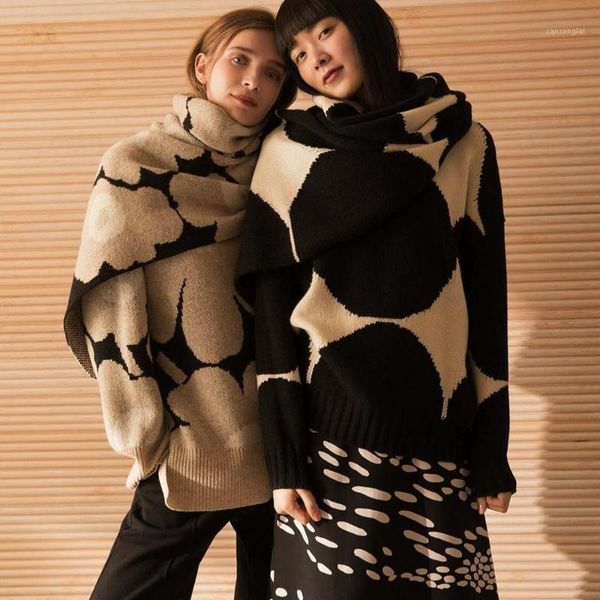 

chunky cosy beige grey poppy jacquard knit oversized wool sweater mock neck mono crochet slit ribs iconic floral jumper scarves1, White;black