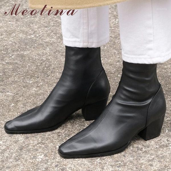 

boots meotina genuine leather high heel ankle women shoes square toe thick zipper short lady autumn winter black 401