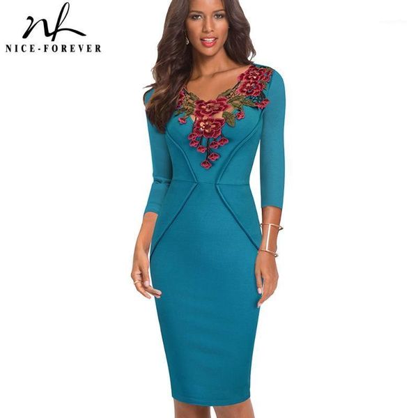 

nice-forever new spring embroidery flower elegant office dress business work sheath vintage slim dress btyb3301, Black;gray