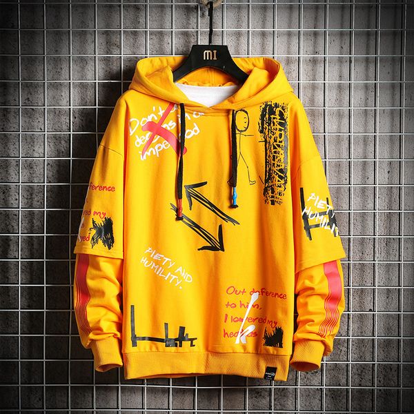 

men's hoodie sweatshirts men graffiti arrow 2020 fashion hip hop japanese streetwear oversized yellow hoodie men, Black