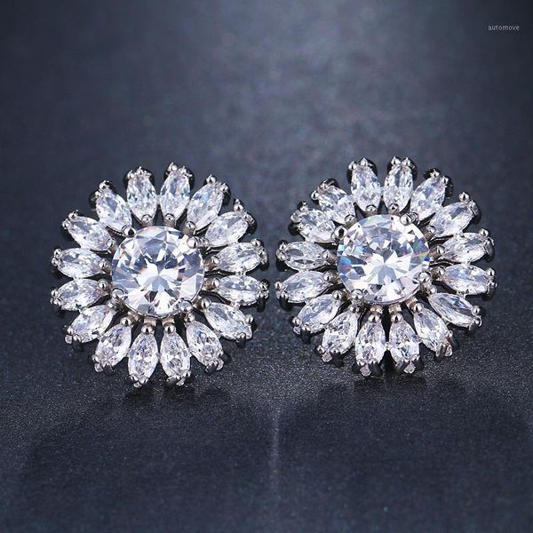 

emmaya sunflower shape fashion boho alloy three color stud earings for women girls cute flower crystal1, Silver