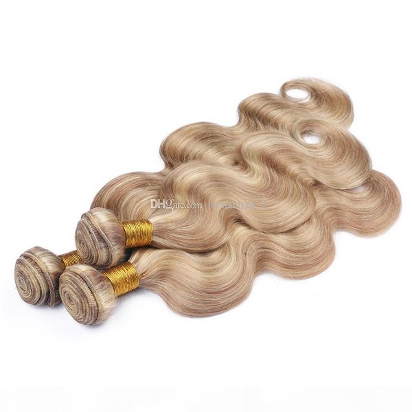 

honey blonde and blonde mix hair extension body wave virgin malaysian human hair 3pcs deals piano color wedding hair, Black;brown