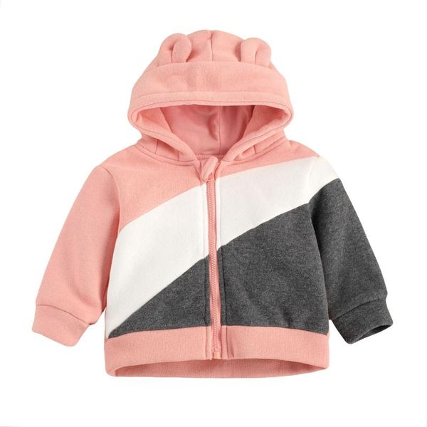 

baby girls boys fresh contrast color jacket autumn long-sleeved round neck zipper bear ears hooded coat patchwork 0-24m, Blue;gray