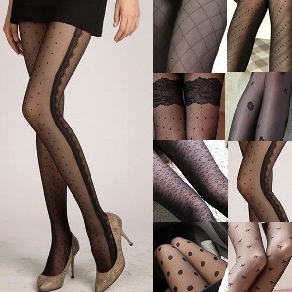 

new 1pc women lace thin black silk stockings slim tights classic small dot lady pantyhose female hosiery, Black;white