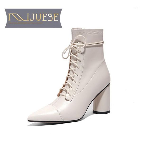 

mljuese 2021 women ankle boots cow leather winter short plush pointed toe zipper high heels female boots size 401, Black