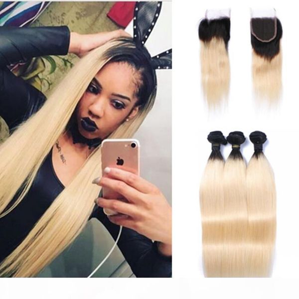 

8a ombre hair extensions peruvian body wave 3 bundles with closure 4pcs lot two tone 1b 613 blonde dark root ombre human hair, Black;brown