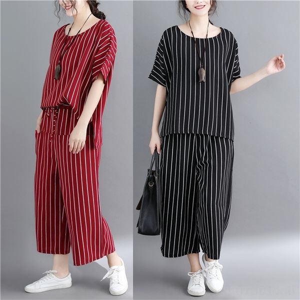 

mmxpf literature and art leisure suit xia pang mei's big pants elastic waist lace up tw pantst-shirt casual size pants striped t-shirt, Gray