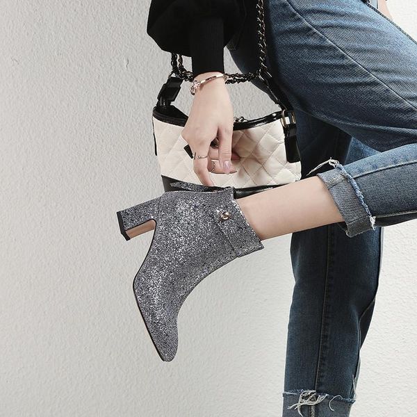 

boots ymechic 2021 silver glitter bling party wedding bride shoes chunky high heels women black brown suede buckle ankle short