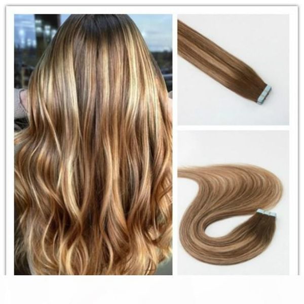 

balayage color 4 27 remy hair straight selling pu tape hair 100g per bundle in stock, Black