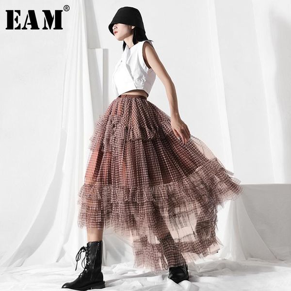 

eam] high elastic waist khaki plaid mesh ruffles stitch long half-body skirt women fashion tide new spring autumn 2020 1y4091, Black