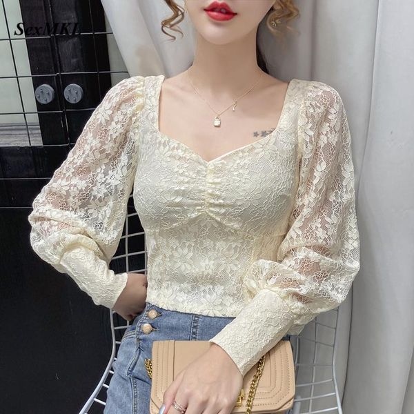 

women's blouses & shirts women vintage lace 2021 fashion autumn long sleeve casual crop korean clothes slim winter elegant offie b, White