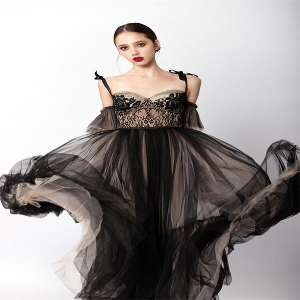 

real image chic evening dresses spaghetti strap appliqued lace prom dresses custom made sleeveless ruched tulle elegant formal party gowns, Black;red