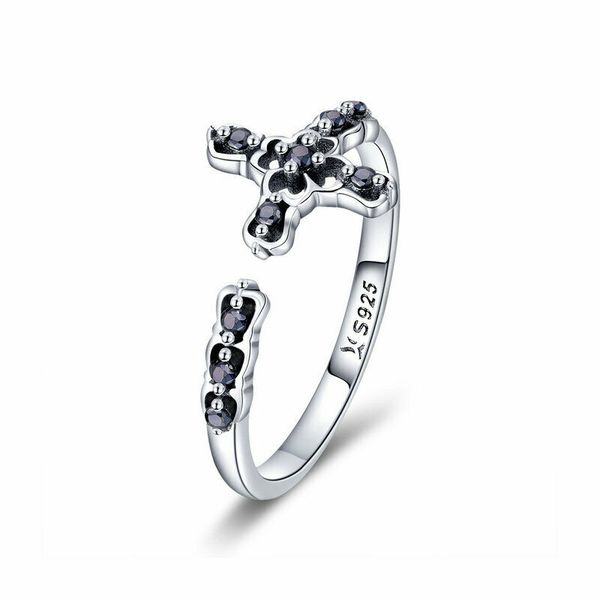 

unique european women 925 sterling silver black cz open cross finger ring for girls gifts
