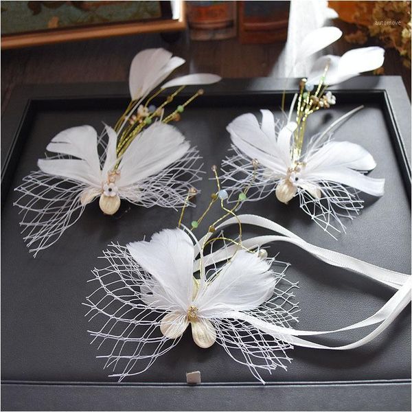 

korean bride handmade headgear sweet pink feather white butterfly hair set gauze hairpin bridal hair accessories1, Golden;silver