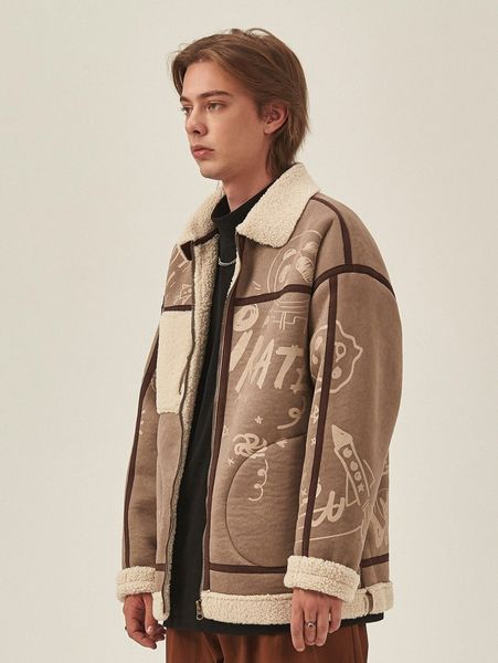 

extended sizes men cartoon & letter graphic contrast shearling coat r6do#, Black;brown