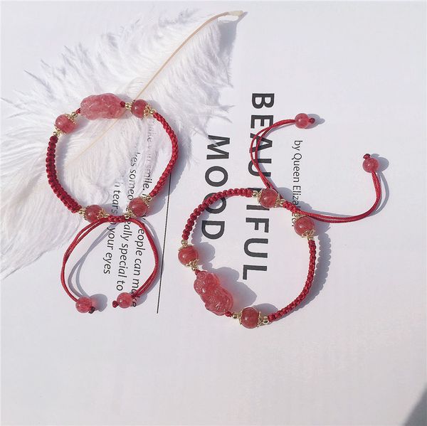

bracelets beaded sweet girl heart obsidian strawberry crystal couple simple jewelry valentine's day gift, Golden;silver