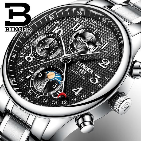 

wristwatches 2021 binger men's watch multiple functions moon phase sapphire calendar mechanical b-603-8 21, Slivery;brown