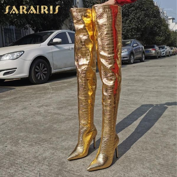 

sarairis plus size 47 thin high heels over the knee boots women shoes luxury stiletto heel snake veins gold shoes ladies1, Black