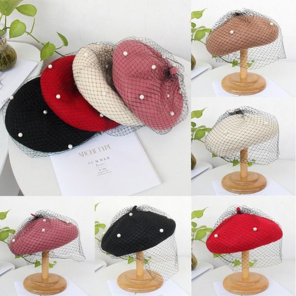 

berets fashion women vintage solid pearl gauze thermal beret chapeau femme beaded design painter hat cap winter female, Blue;gray