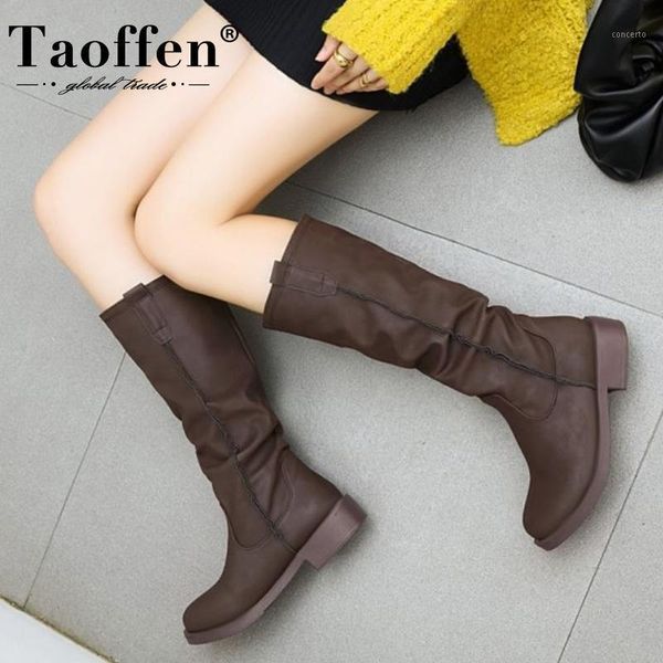 

taoffen plus size 34-43 women knee boots flats round toe slip on shoes warm boots winter women fashion party footwear1, Black
