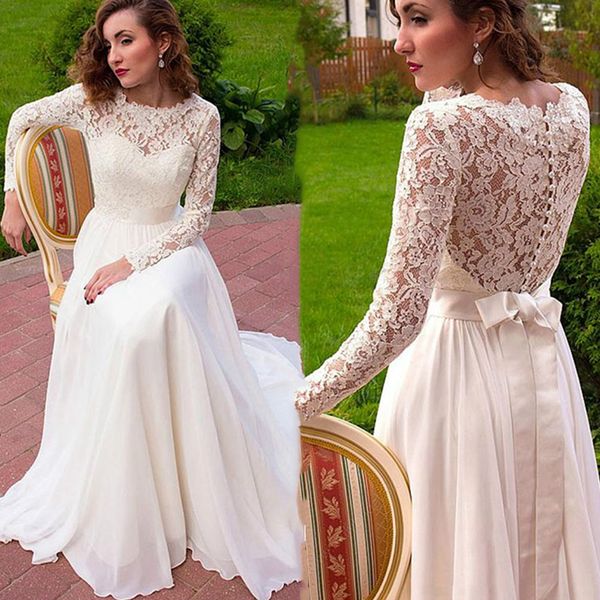 Abiti da sposa economici in pizzo chiffon modesto 2021 maniche lunghe Boho Beach Abiti da sposa da giardino Bottoni con fiocco Abito lungo da sposa Mariage Fidanzamento